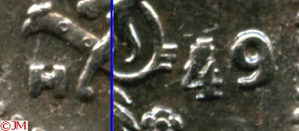 1 markka 1949 4 ja 9 uudelleen stanssattu