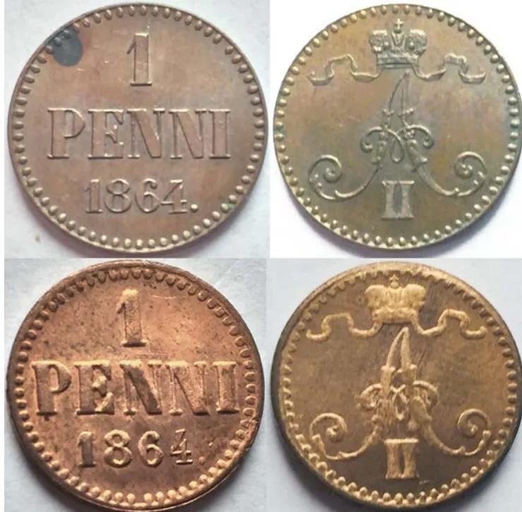 1 penni 1864 väärennös ja aito kolikko samassa kuvassa