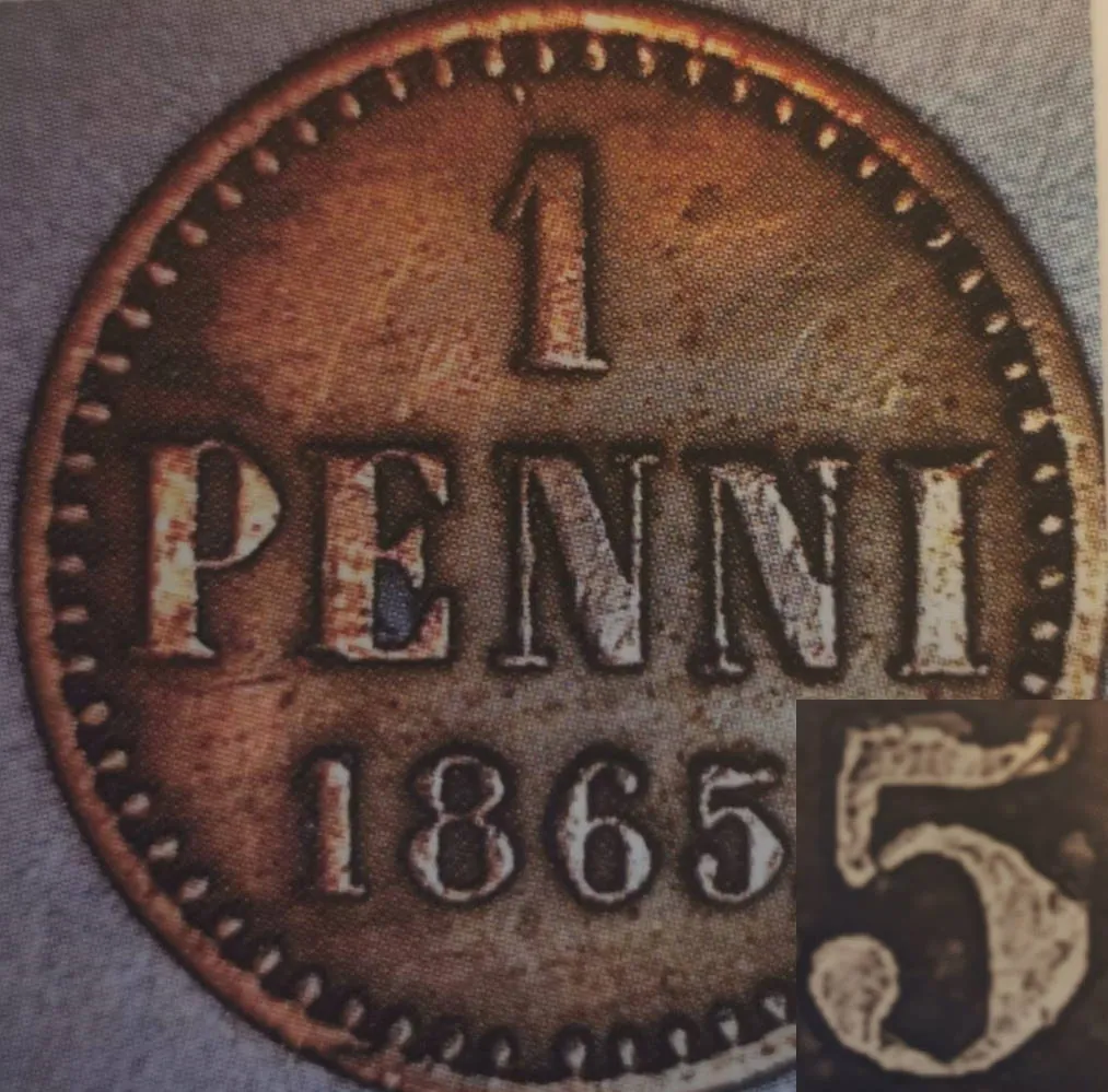 1 penni 1865 - Variantti 2 - Arvopuoli