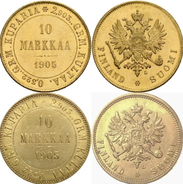 10 markkaa 1905 väärennöksen vertaaminen aitoon rahaan