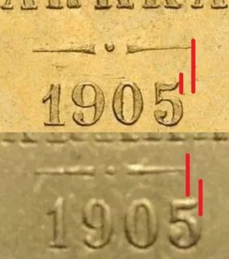 10 markkaa 1905 väärennöksen vuosiluvun vertaaminen aitoon rahaan