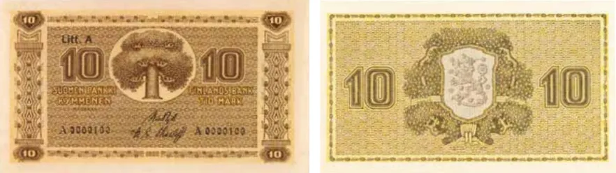 10 markkaa 1922 Litt. A arvo- ja tunnuspuoli