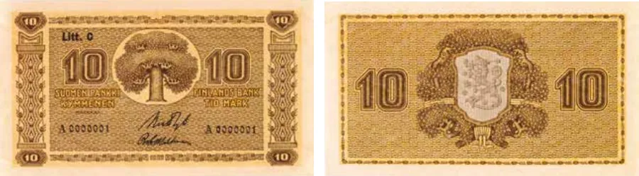 10 markkaa 1922 Litt. C arvo- ja tunnuspuoli
