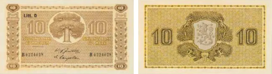 10 markkaa 1939 Litt. D arvo- ja tunnuspuoli