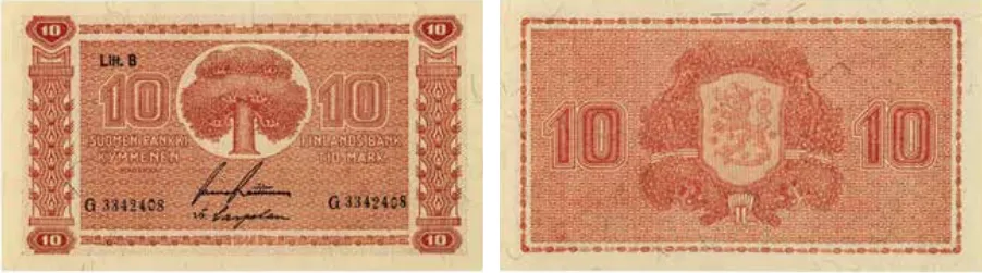 10 markkaa 1945 Litt. B arvo- ja tunnuspuoli
