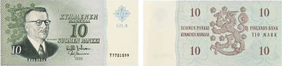 10 markkaa 1963 Litt A arvo- ja tunnuspuoli