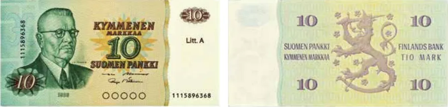 10 markkaa 1980 Litt A arvo- ja tunnuspuoli