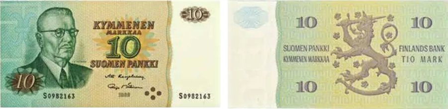 10 markkaa 1980 arvo- ja tunnuspuoli