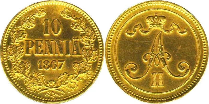 10 penniä 1867 kultaa (työnäyte)