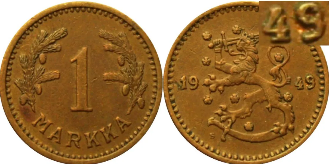 Vuoden 1943 kuparimarkasta muokattu tekele: rahamestarin kirjain S paljastaa väärennöksen (pitäisi olla H).