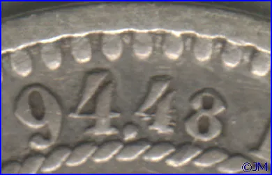 1 markka 1865, numero 4 kaksoispuristettu tunnuspuolella