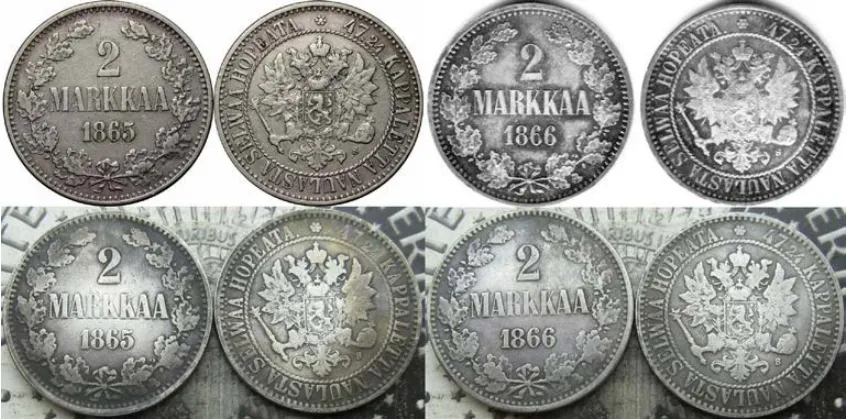 2 markkaa 1865 ja 1866 väärennökset