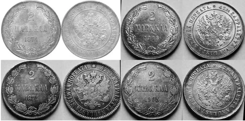 2 markkaa 1874 ja 1905 tunnetut väärennökset
