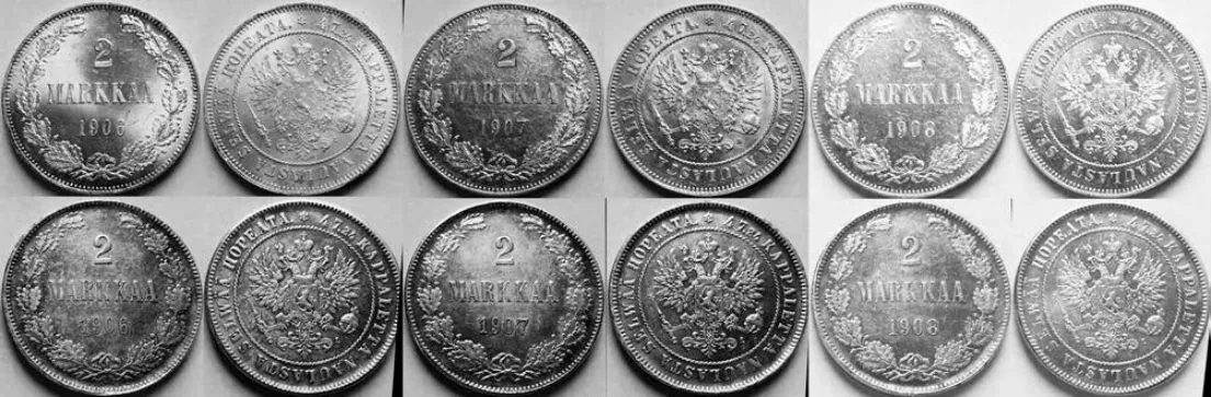 2 markkaa 1906 ja 1907 ja 1908 tunnetut väärennökset