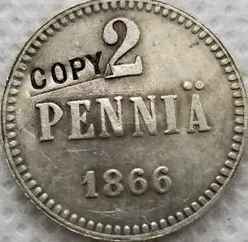 2 penniä 1866 hopeoitu väärennös