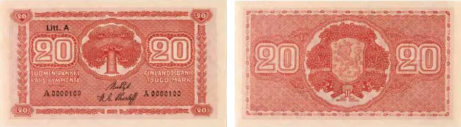 20 markkaa 1922 Litt A arvo- ja tunnuspuolet