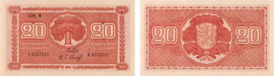 20 markkaa 1922 Litt B arvo- ja tunnuspuolet