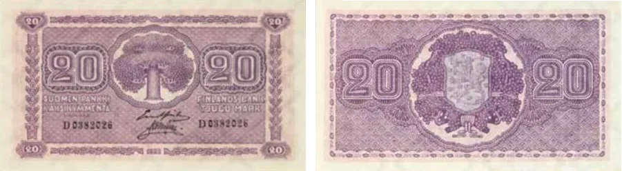 20 markkaa 1922 arvo- ja tunnuspuolet