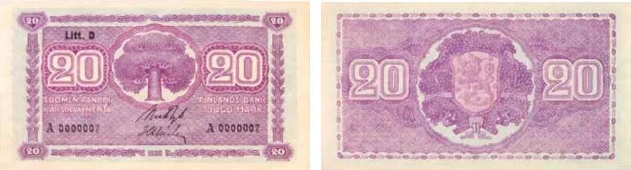 20 markkaa 1939 Litt D arvo- ja tunnuspuolet