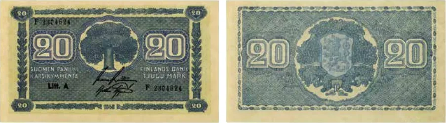 20 markkaa 1945 Litt A arvo- ja tunnuspuolet