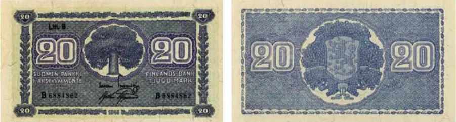 20 markkaa 1945 Litt B arvo- ja tunnuspuolet