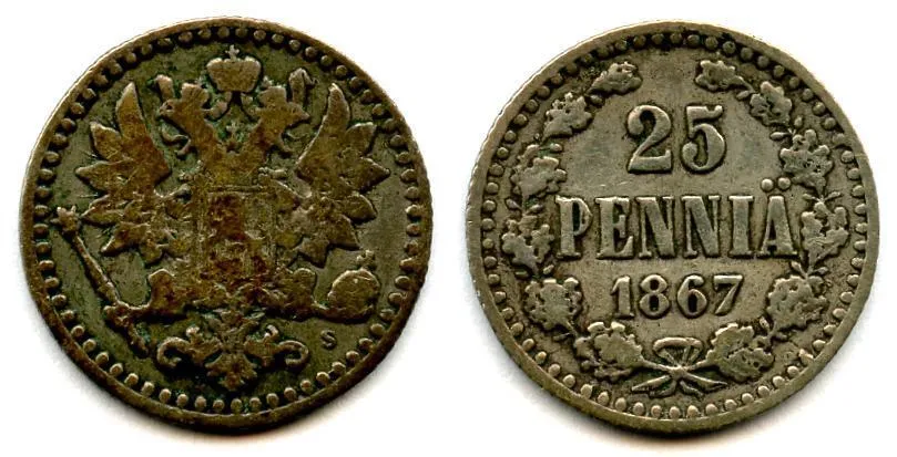 25 penniä 1867 harvinainen kolikko
