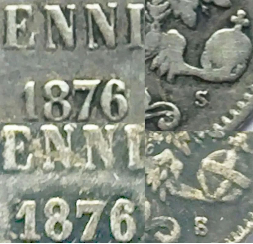25 penniä 1876 väärennöksen vertailu aitoon rahaan