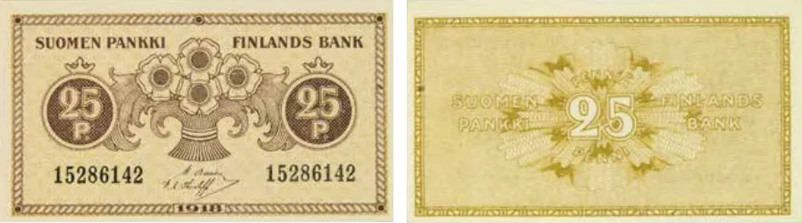 25 penniä 1918 arvo- ja tunnuspuoli
