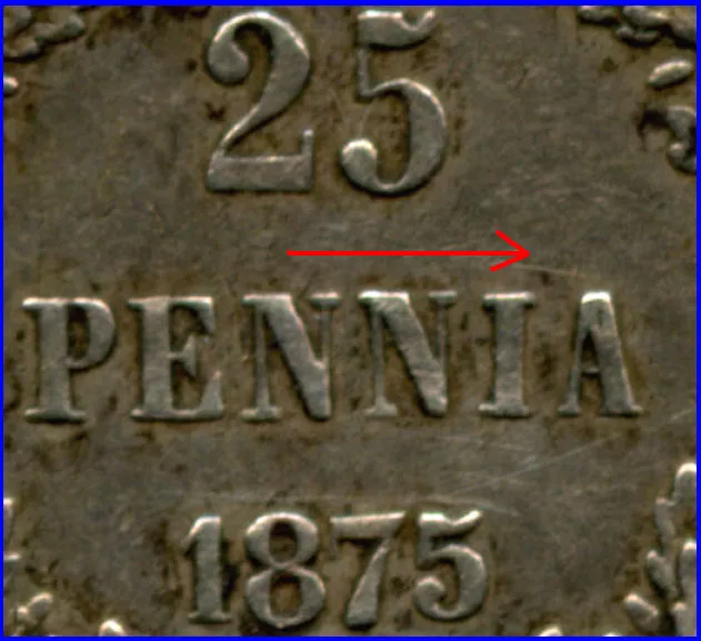 25 penniä 1875, puuttuvat Ä:n pisteet