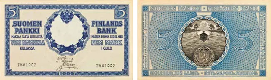 5 markkaa 1909 arvo- ja tunnuspuoli