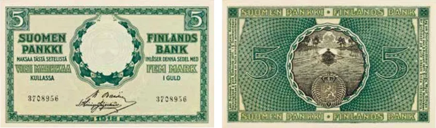 5 markkaa 1918 arvo- ja tunnuspuoli