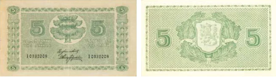 5 markkaa 1922 arvo- ja tunnuspuoli