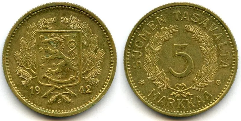 5 markkaa 1942 messinkiä, työnäyte