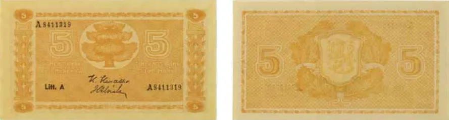 5 markkaa 1945 Litt A arvo- ja tunnuspuoli