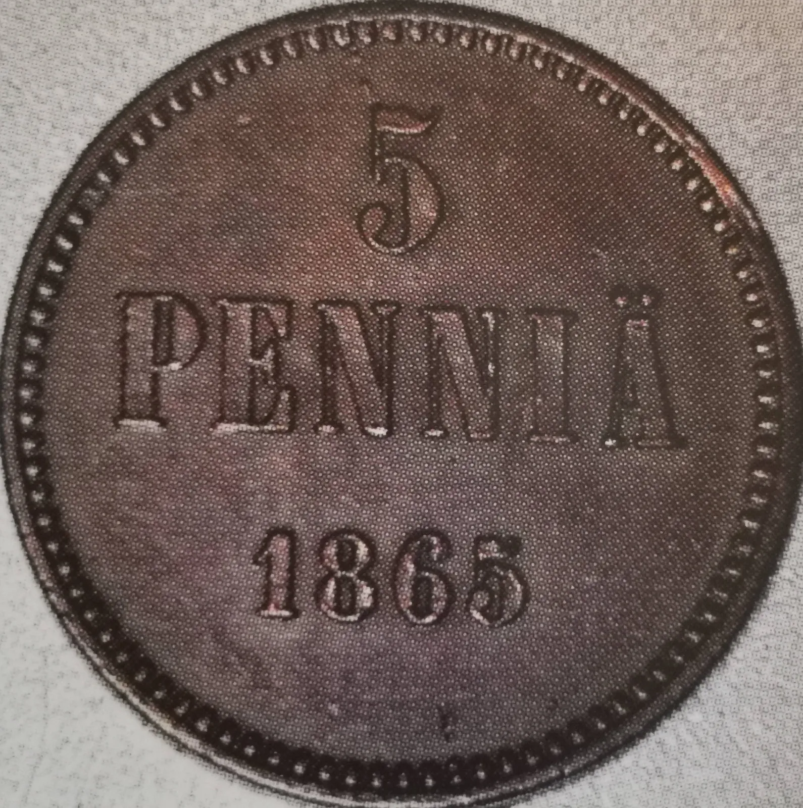 5 pennia 1865 - variantti 1 - Arvopuoli