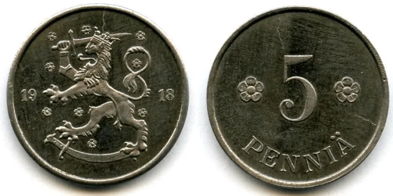 5 penniä, rautaa osassa meistinhalkeamia