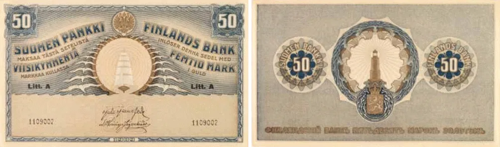 50 markkaa 1909 litt A arvo- ja tunnuspuolet