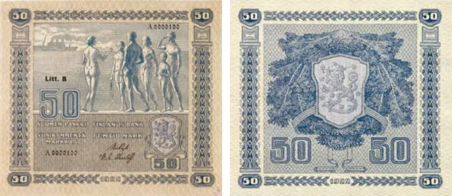 50 markkaa 1922 Litt B arvo- ja tunnuspuolet