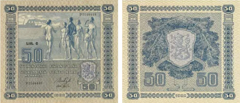 50 markkaa 1922 Litt C arvo- ja tunnuspuolet
