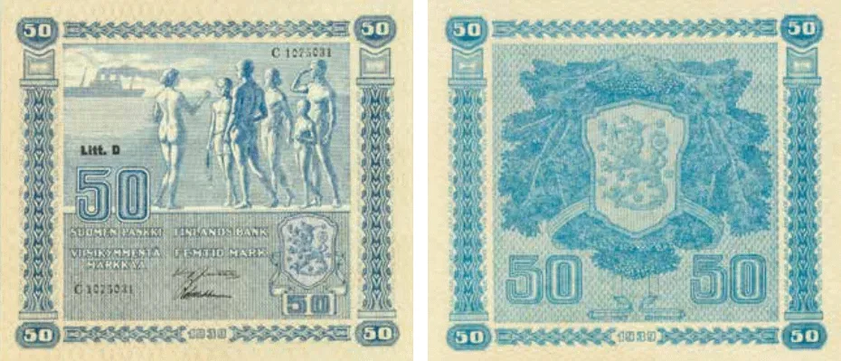 50 markkaa 1939 Litt D arvo- ja tunnuspuolet