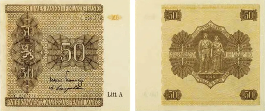 50 markkaa 1945 Litt A arvo- ja tunnuspuolet