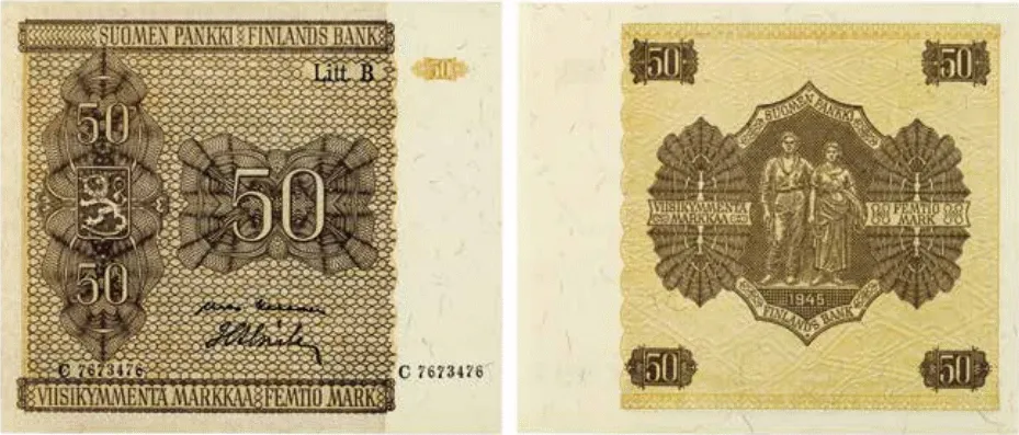 50 markkaa 1945 Litt B arvo- ja tunnuspuolet