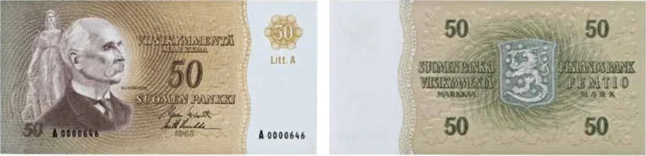 50 markkaa 1963 Litt A arvo- ja tunnuspuolet