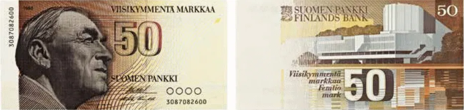 50 markkaa 1986 arvo- ja tunnuspuolet