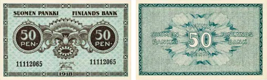 50 penniä 1918 arvo- ja tunnuspuoli