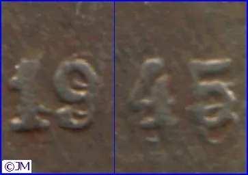 50 penniä 1945 variantti kaksoispuristus vuosiluvussa