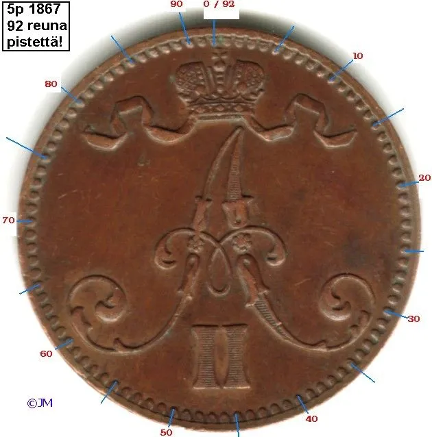 5 Penniä 1867 92 reunahelmeä